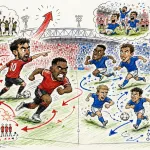 Hand-drawn pen-and-marker caricature of fictional Manchester United and Ipswich Town players contesting a dramatic Premier League match at an Old Trafford-style stadium