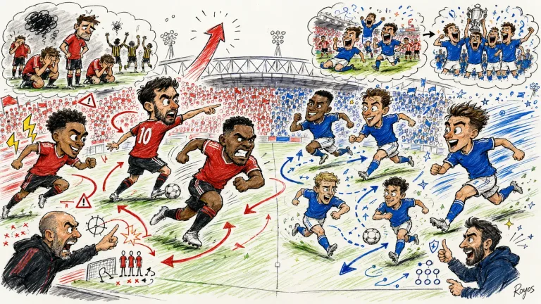 Hand-drawn pen-and-marker caricature of fictional Manchester United and Ipswich Town players contesting a dramatic Premier League match at an Old Trafford-style stadium