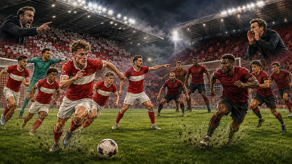 Fictional Middlesbrough and Wrexham players contesting a dramatic EFL Cup first-round tie at a Riverside-style stadium