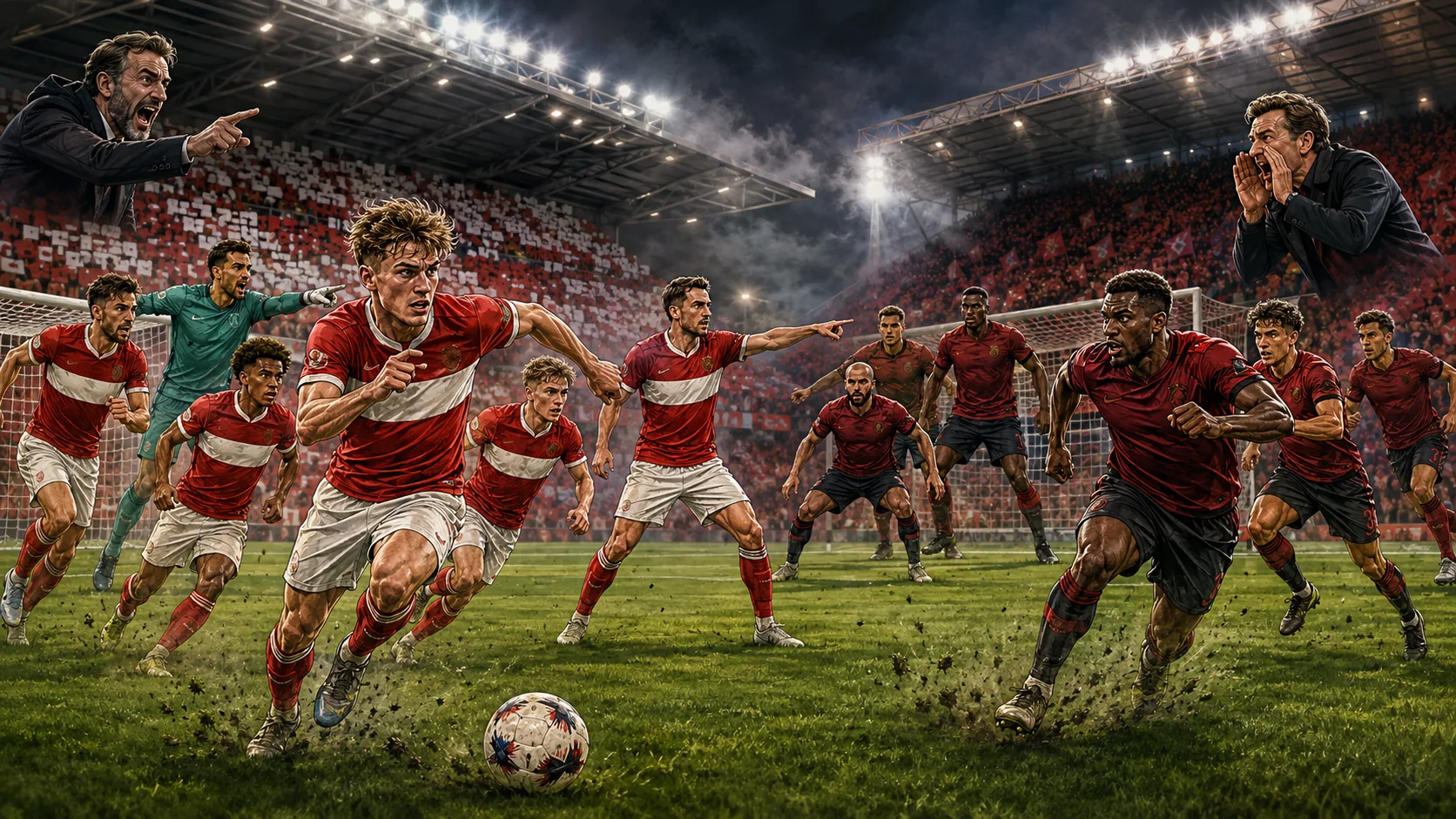 Fictional Middlesbrough and Wrexham players contesting a dramatic EFL Cup first-round tie at a Riverside-style stadium