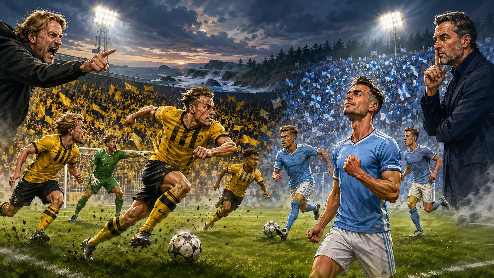 Fictional Mjallby AIF and Slovan Bratislava players in a dramatic UEFA Champions League qualifying preview scene