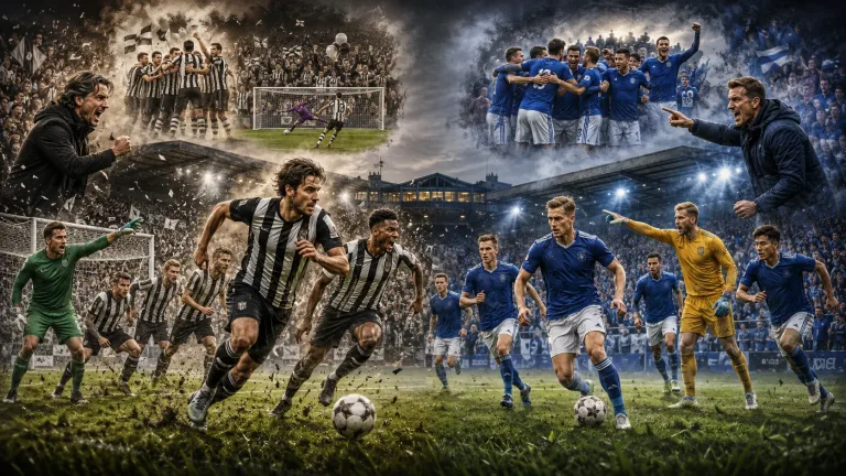 Fictional Notts County and Leicester City players contesting a dramatic League One opening-weekend match