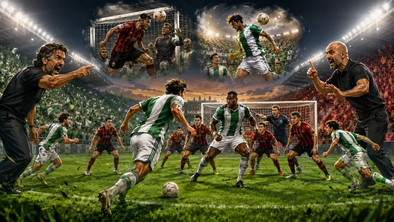 Fictional Omonia and Lincoln Red Imps players contesting a dramatic Europa League qualifying second leg in Nicosia