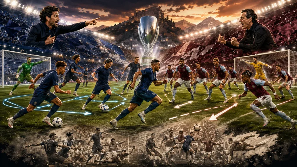 Fictional Paris Saint-Germain and Aston Villa players contesting a dramatic UEFA Super Cup match in Salzburg