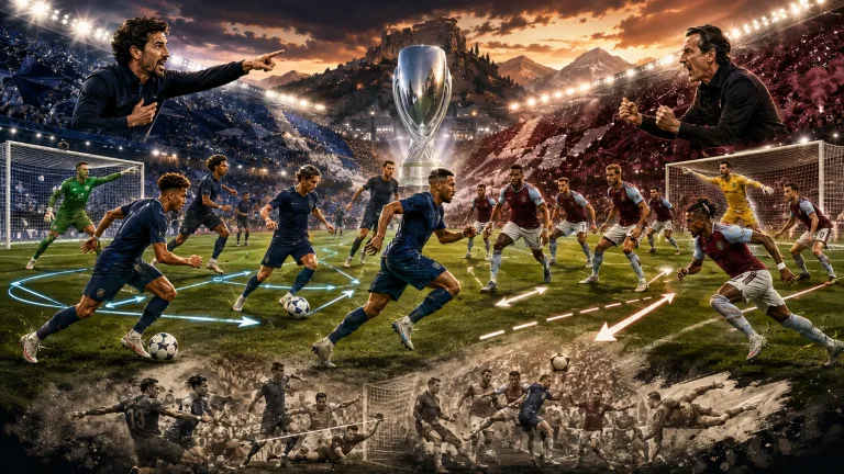 Fictional Paris Saint-Germain and Aston Villa players contesting a dramatic UEFA Super Cup match in Salzburg