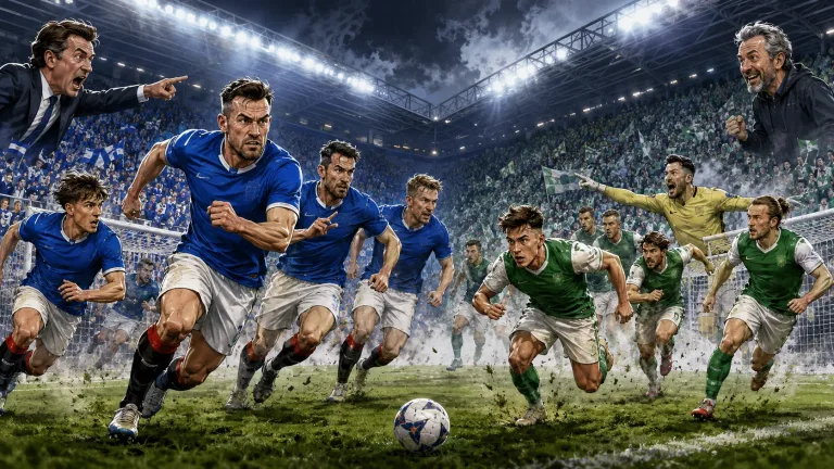 Fictional Rangers and Hibernian players contesting a dramatic Scottish Premiership match at an Ibrox-style stadium