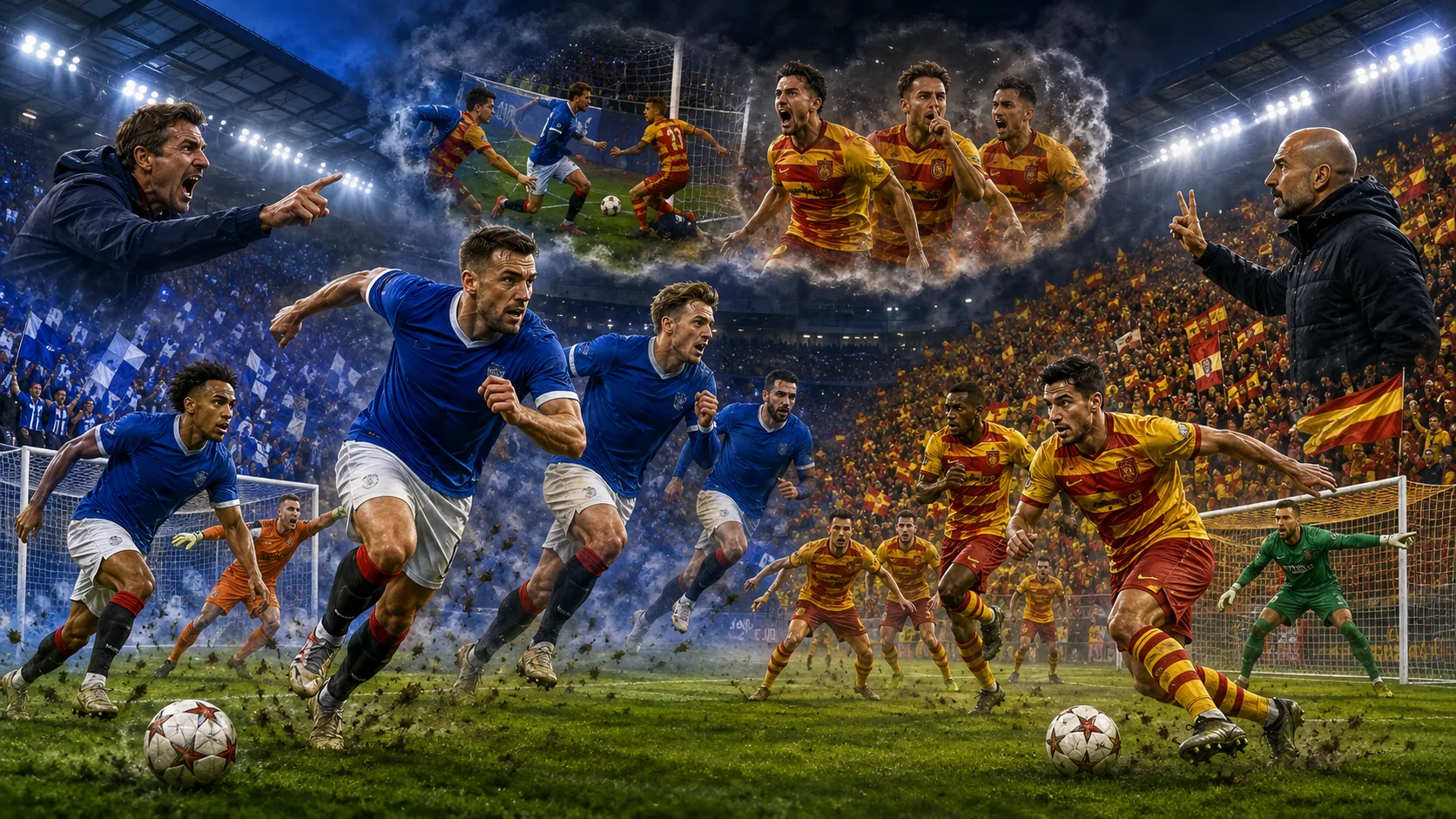 Fictional Rangers and Jagiellonia Bialystok players contesting a dramatic Europa League qualifying second leg at an Ibrox-style stadium