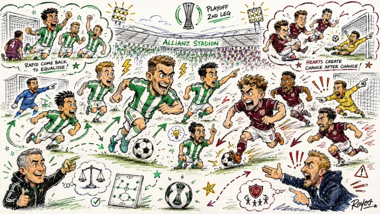Hand-drawn pen-and-marker caricature of fictional Rapid Vienna and Hearts players contesting a dramatic Conference League playoff second leg