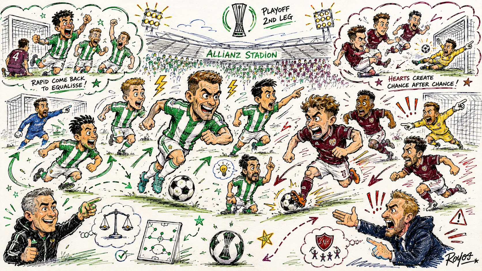 Hand-drawn pen-and-marker caricature of fictional Rapid Vienna and Hearts players contesting a dramatic Conference League playoff second leg