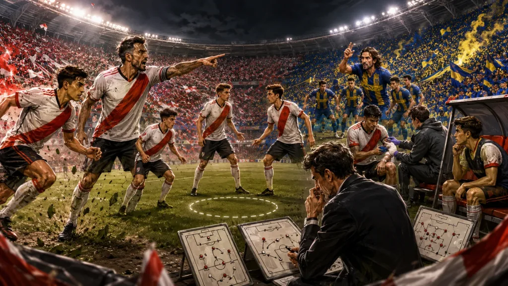 Fictional River Plate players preparing for a decisive home match against Rosario Central
