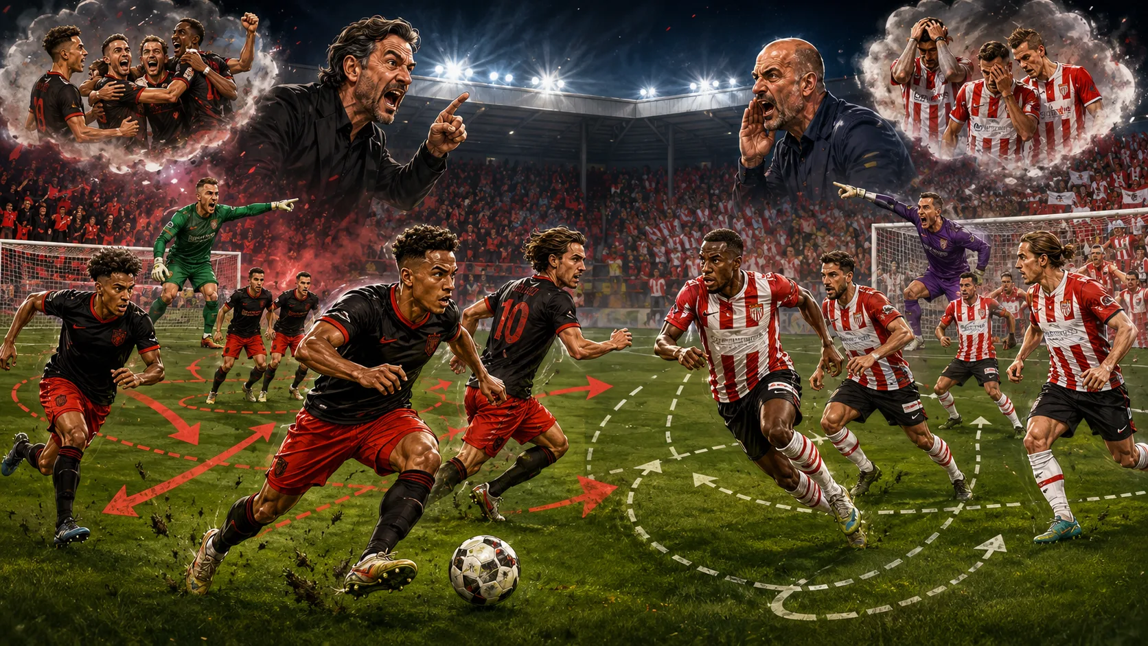 Fictional SBV Excelsior and PSV Eindhoven players contesting a dramatic Eredivisie match at a Woudestein-style stadium