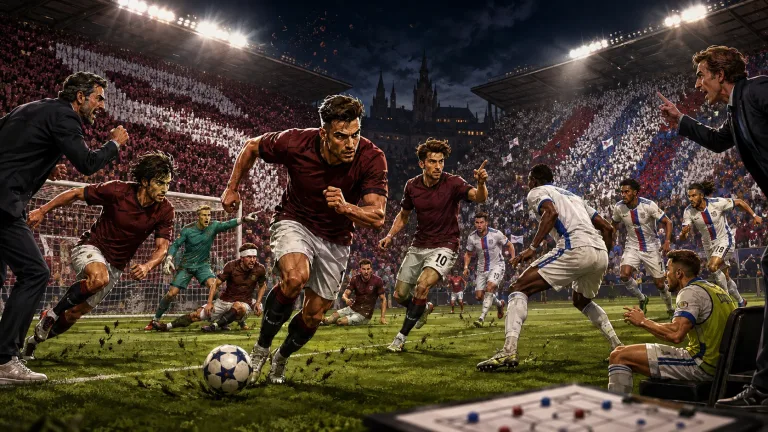 Fictional Sparta Prague and Lyon players in a dramatic UEFA Champions League qualifying preview scene