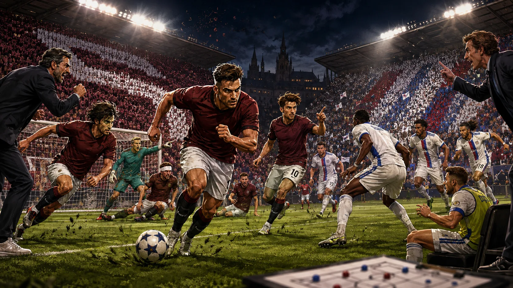 Fictional Sparta Prague and Lyon players in a dramatic UEFA Champions League qualifying preview scene