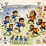Hand-drawn pen-and-marker caricature of fictional Strasbourg and Lens players contesting a dramatic Ligue 1 match at a Stade de la Meinau-style stadium