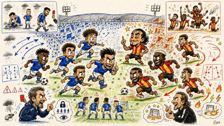 Hand-drawn pen-and-marker caricature of fictional Strasbourg and Lens players contesting a dramatic Ligue 1 match at a Stade de la Meinau-style stadium