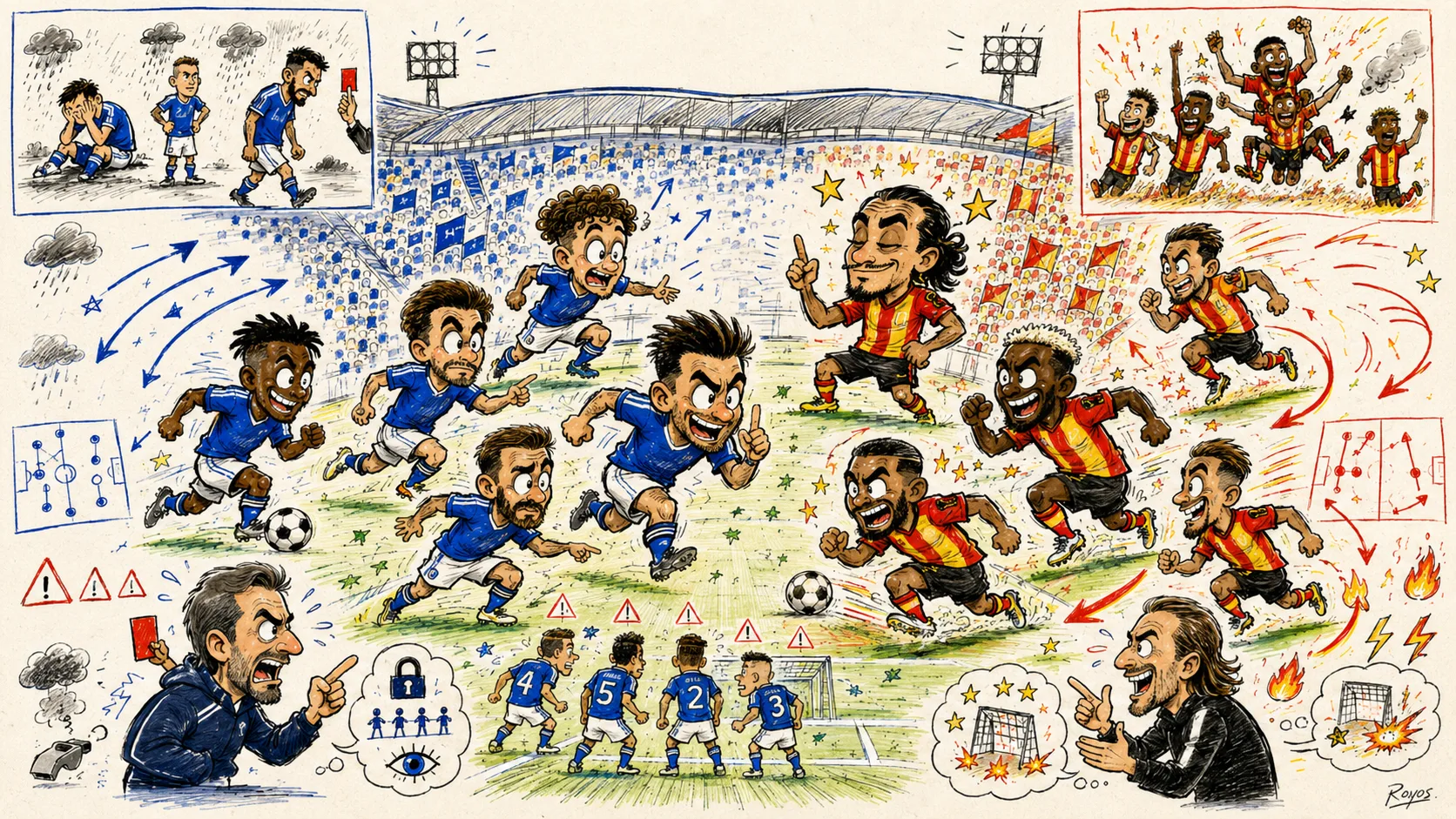 Hand-drawn pen-and-marker caricature of fictional Strasbourg and Lens players contesting a dramatic Ligue 1 match at a Stade de la Meinau-style stadium