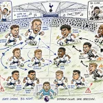 Hand-drawn pen-and-marker caricature of fictional Tottenham Hotspur and Newcastle United players contesting a dramatic Premier League match in North London