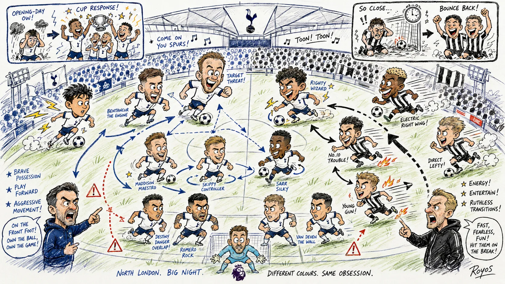 Hand-drawn pen-and-marker caricature of fictional Tottenham Hotspur and Newcastle United players contesting a dramatic Premier League match in North London