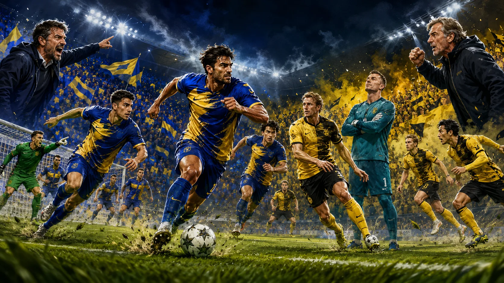 Fictional Union SG and Bodo/Glimt players in a dramatic UEFA Champions League qualifying preview scene