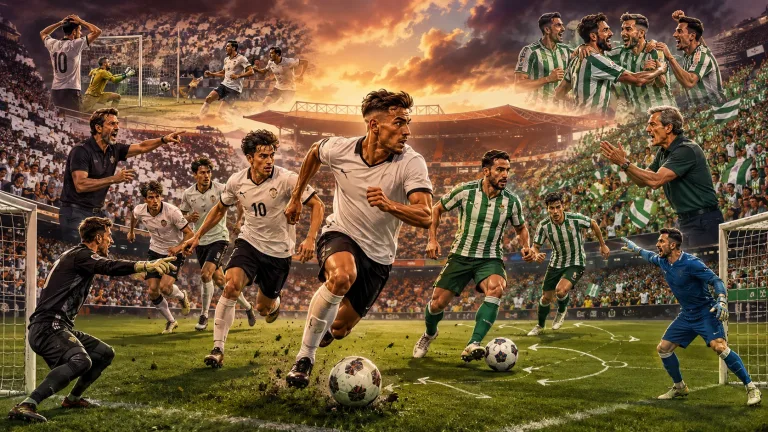 Fictional Valencia and Real Betis players contesting a dramatic La Liga match at a Mestalla-style stadium