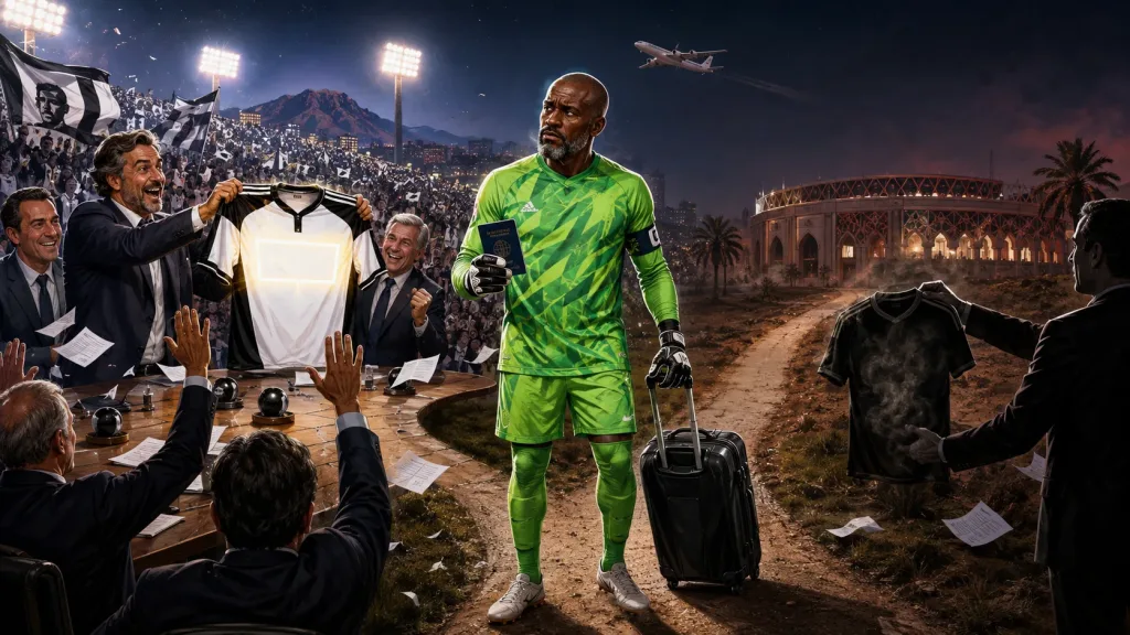 Caricature-style illustration of a fictional Cape Verde goalkeeper considering a move to a major Chilean football club