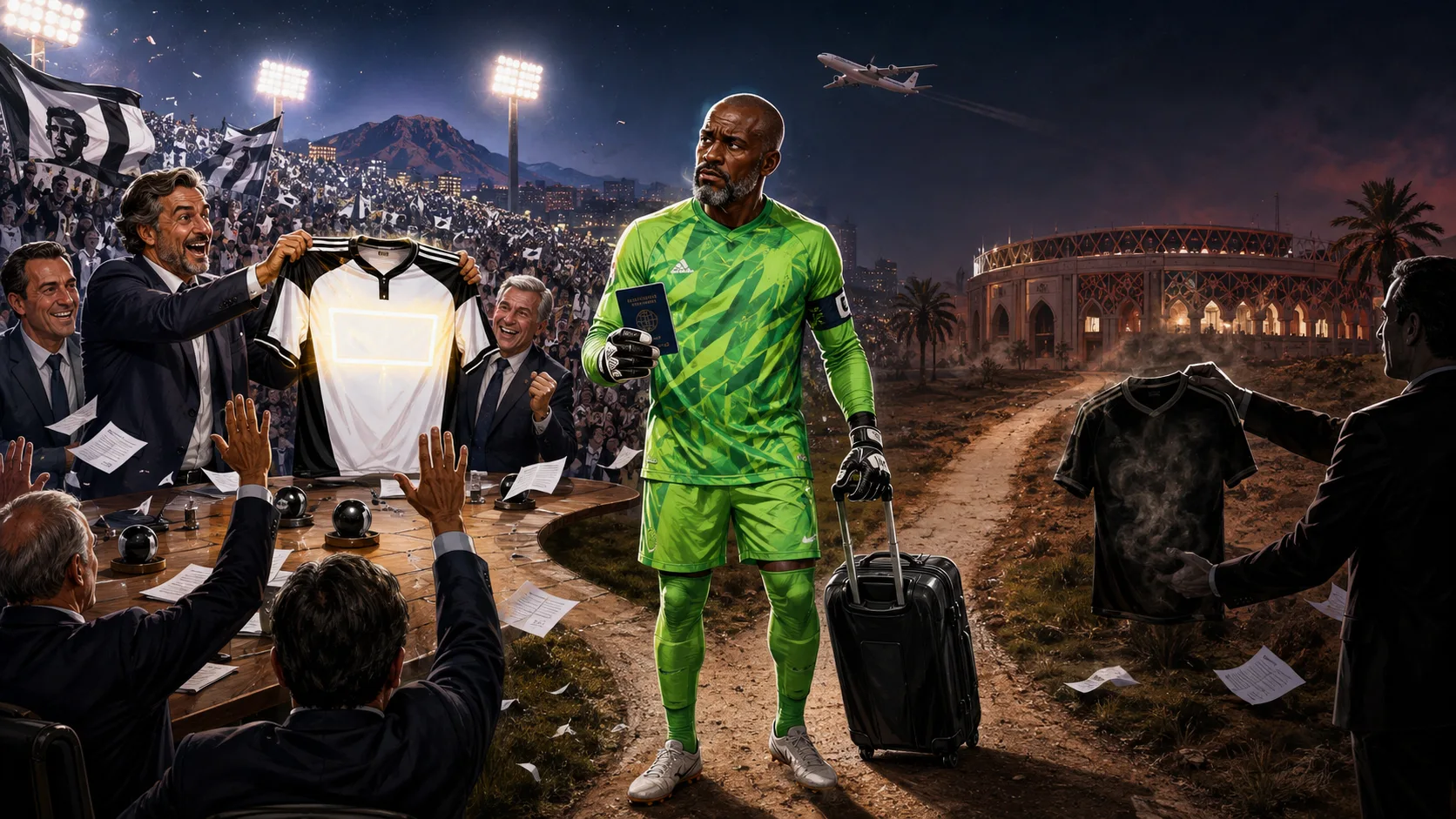 Caricature-style illustration of a fictional Cape Verde goalkeeper considering a move to a major Chilean football club
