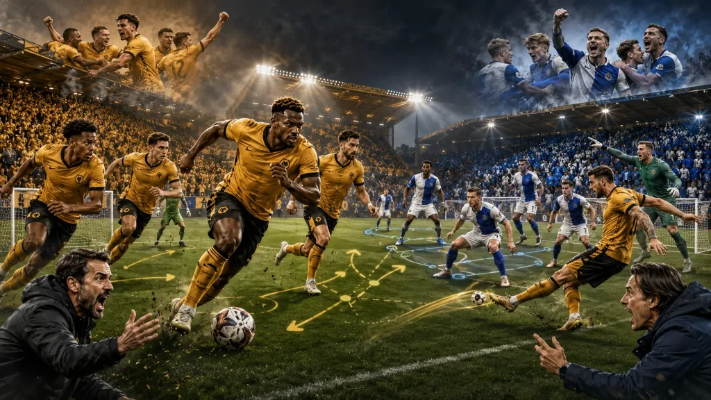 Fictional Wolves and Blackburn Rovers players contesting a dramatic Championship opening-night match at a Molineux-style stadium