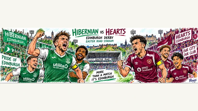 Hand-drawn pen-and-marker caricature of fictional Hibernian and Hearts players in a Scottish Premiership preview