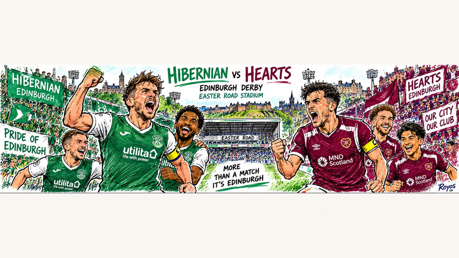 Hand-drawn pen-and-marker caricature of fictional Hibernian and Hearts players in a Scottish Premiership preview