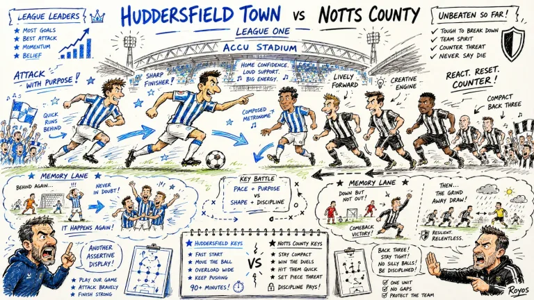 Hand-drawn pen-and-marker caricature of fictional Huddersfield Town and Notts County players in a League One preview