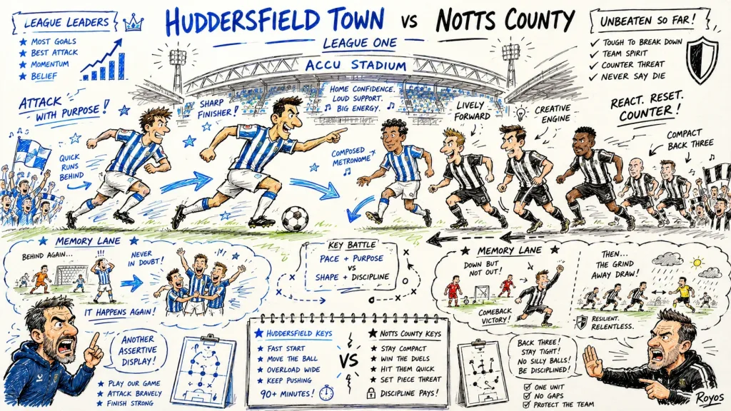 Hand-drawn pen-and-paper caricature for Huddersfield Town vs Notts County