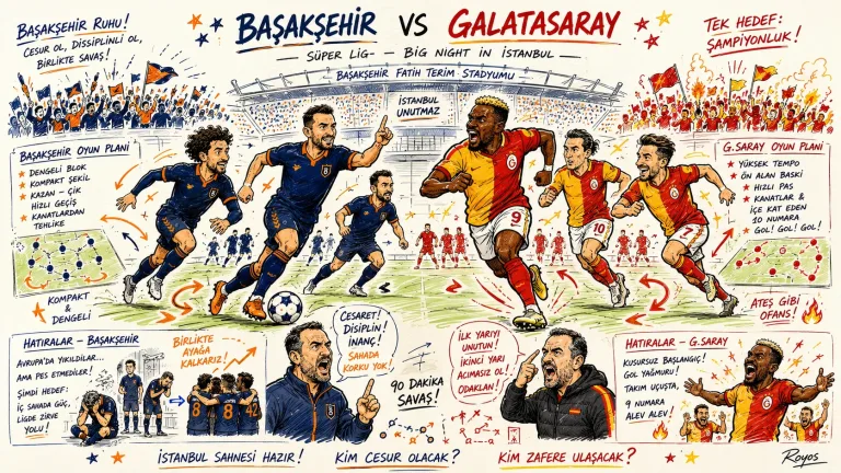 Hand-drawn pen-and-marker caricature of fictional Istanbul Basaksehir and Galatasaray players in a Turkish Super Lig preview