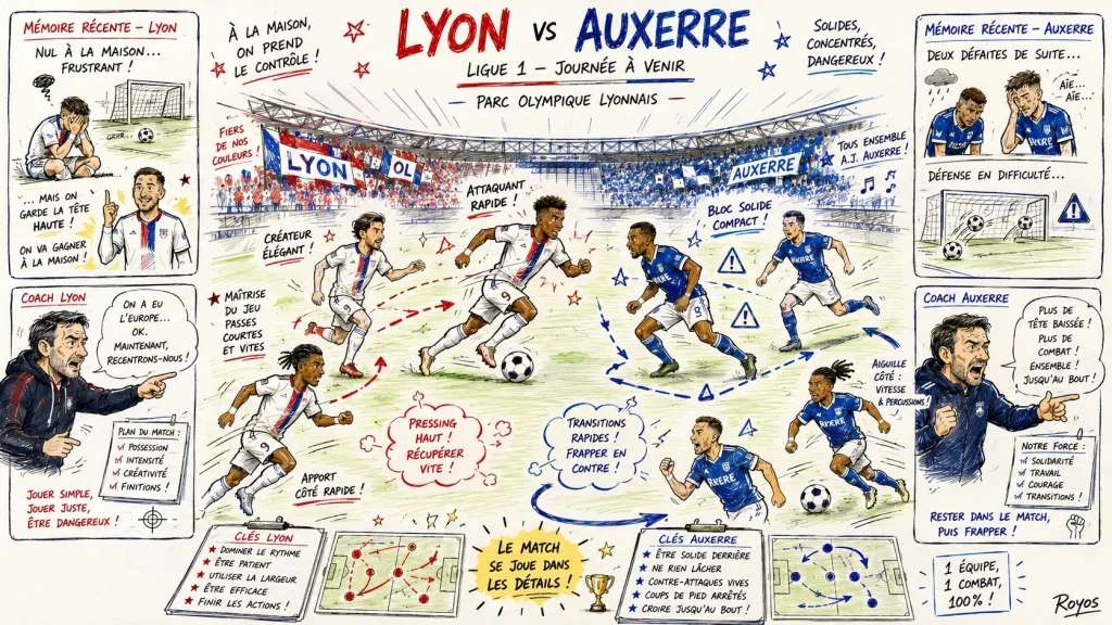 Hand-drawn pen-and-marker caricature of fictional Lyon and Auxerre players in a Ligue 1 preview
