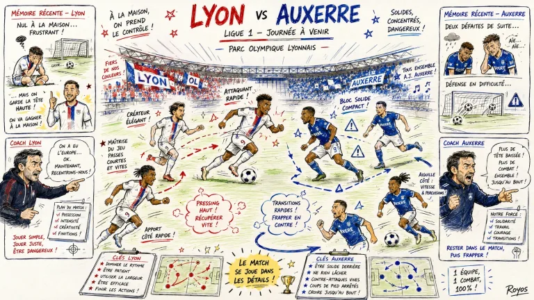 Hand-drawn pen-and-marker caricature of fictional Lyon and Auxerre players in a Ligue 1 preview