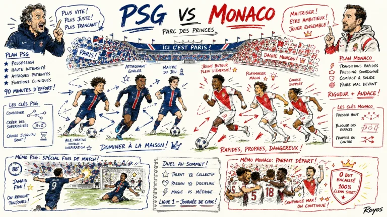 Hand-drawn pen-and-marker caricature of fictional Paris Saint-Germain and Monaco players in a Ligue 1 preview