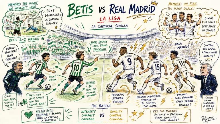 Hand-drawn pen-and-marker caricature of fictional Real Betis and Real Madrid players in a La Liga preview