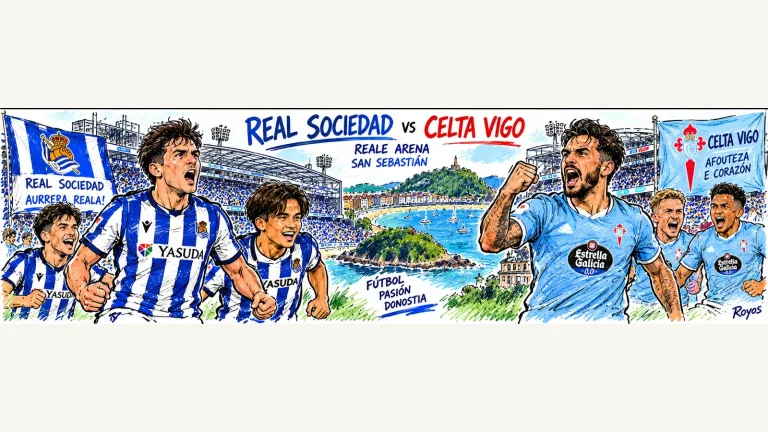 Hand-drawn pen-and-marker caricature of fictional Real Sociedad and Celta Vigo players in a La Liga preview