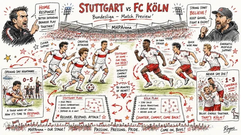 Hand-drawn pen-and-marker caricature of fictional Stuttgart and FC Koln players in a Bundesliga preview