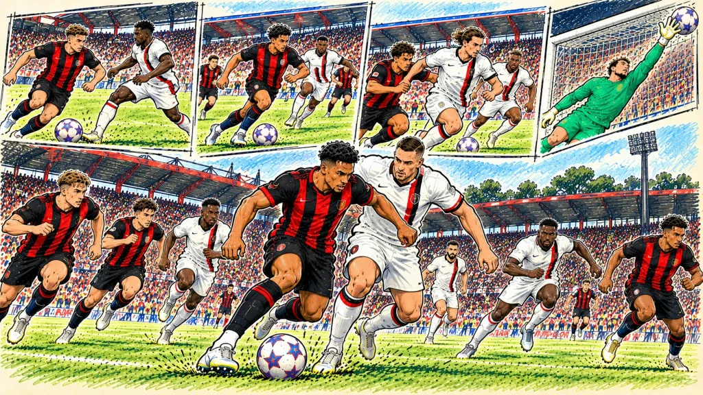 Hand-drawn AFC Bournemouth vs AC Milan football caricature featuring attacking duels, high pressing and goalkeeping action at Vitality Stadium