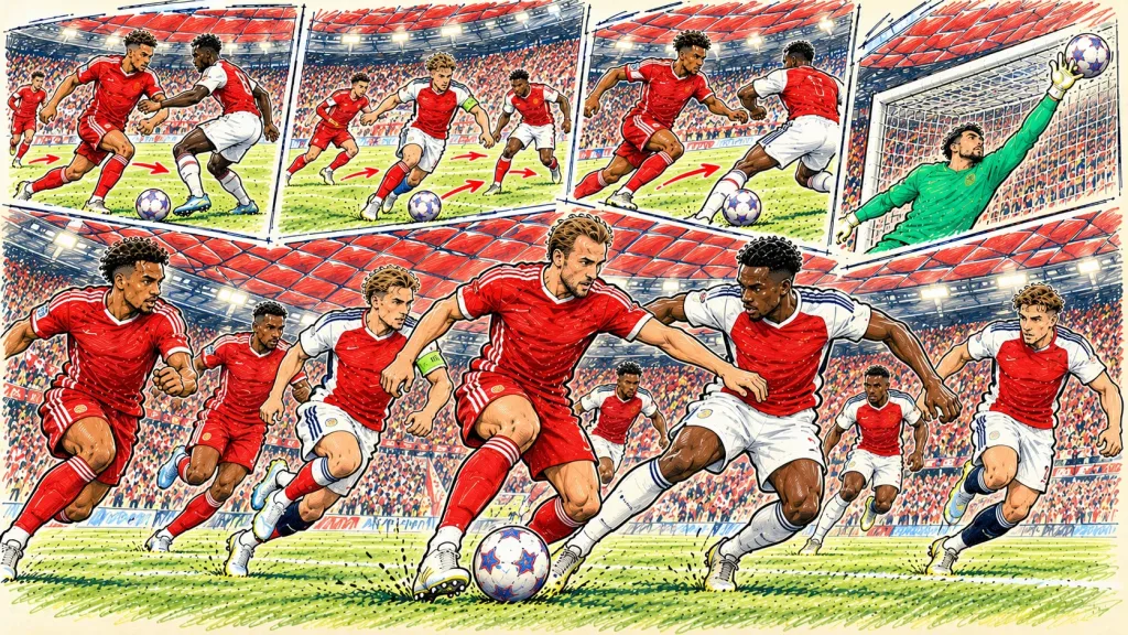 Hand-drawn Bayern Munich vs Arsenal Champions League football caricature featuring attacking duels, tactical movement and a goalkeeper making a save at Allianz Arena.