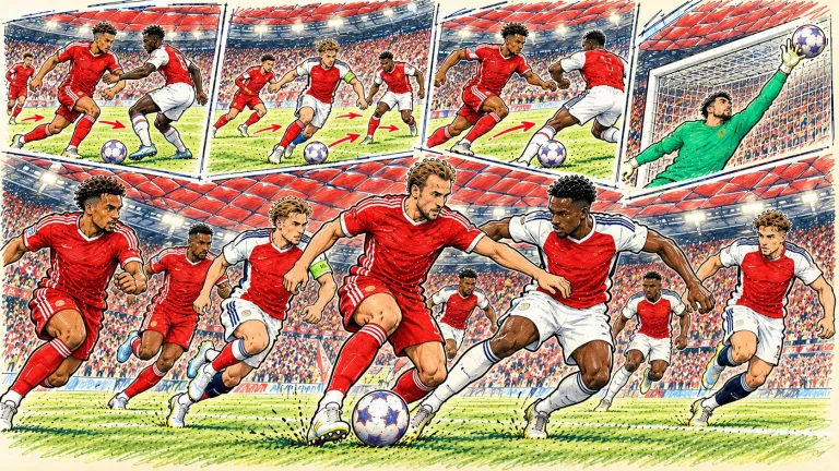 Hand-drawn Bayern Munich vs Arsenal Champions League football caricature featuring attacking duels, tactical movement and a goalkeeper making a save at Allianz Arena.
