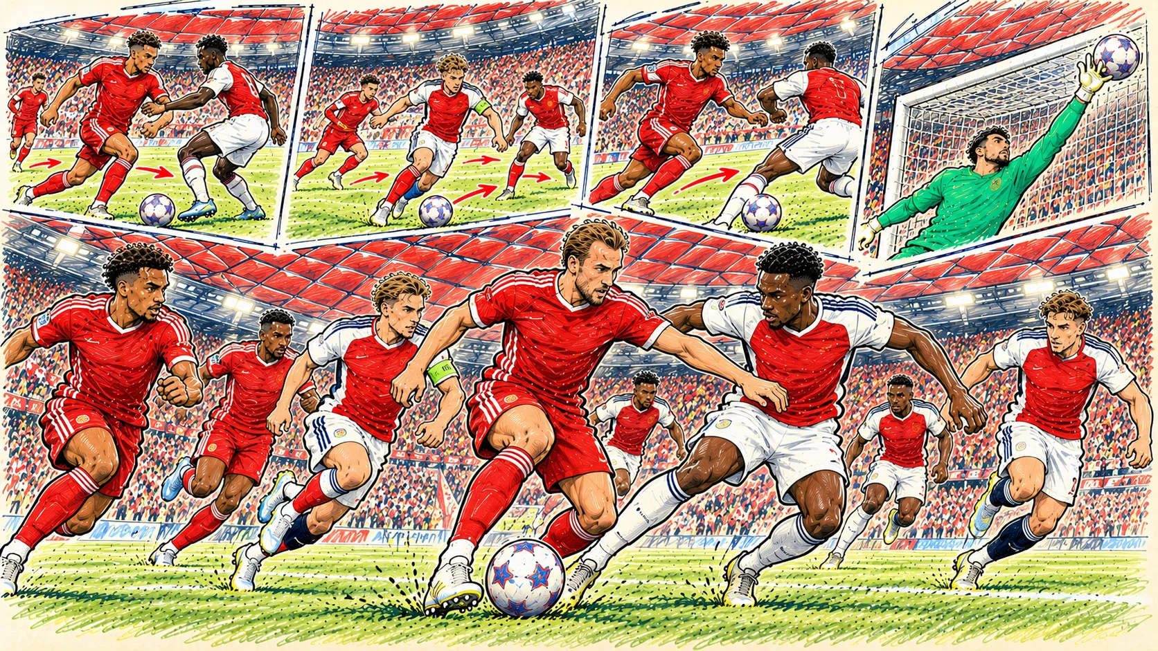 Hand-drawn Bayern Munich vs Arsenal Champions League football caricature featuring attacking duels, tactical movement and a goalkeeper making a save at Allianz Arena.