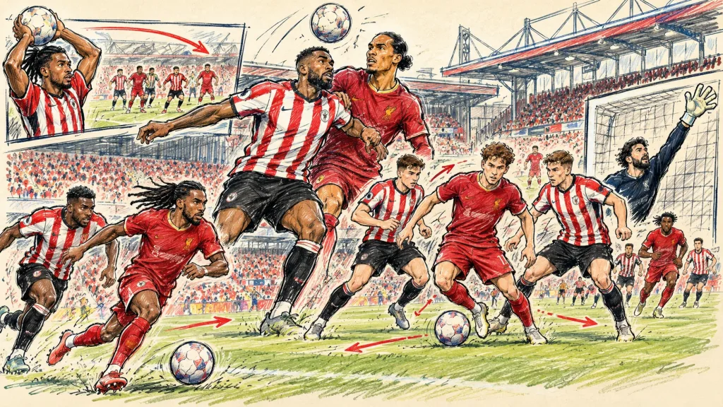 Hand-drawn football caricature of Brentford against Liverpool at Gtech Community Stadium, featuring an aerial duel, attacking movement and tactical sketches.