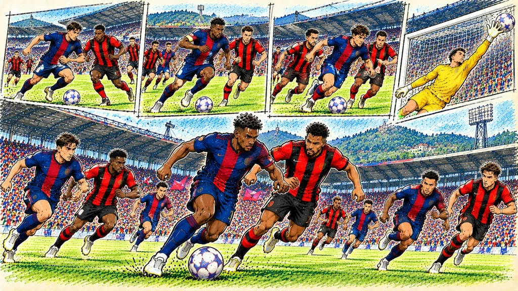 Hand-drawn Clermont Foot 63 vs EA Guingamp football caricature showing attacking duels, defensive pressure and a goalkeeper making a diving save.