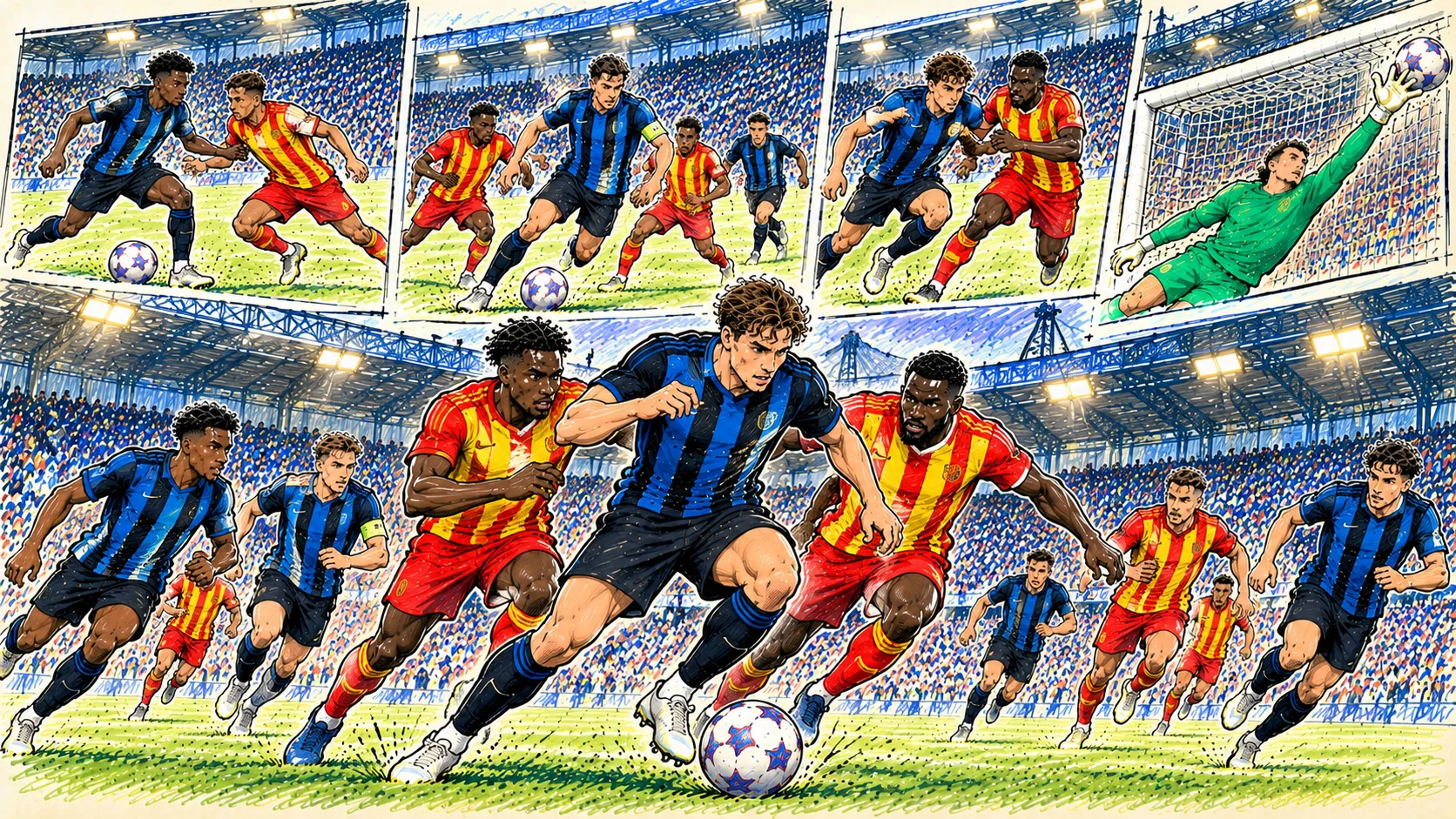 Hand-drawn Club Brugge vs RC Lens football illustration showing attacking duels, defensive pressure and goalkeeping action at Jan Breydel Stadium.