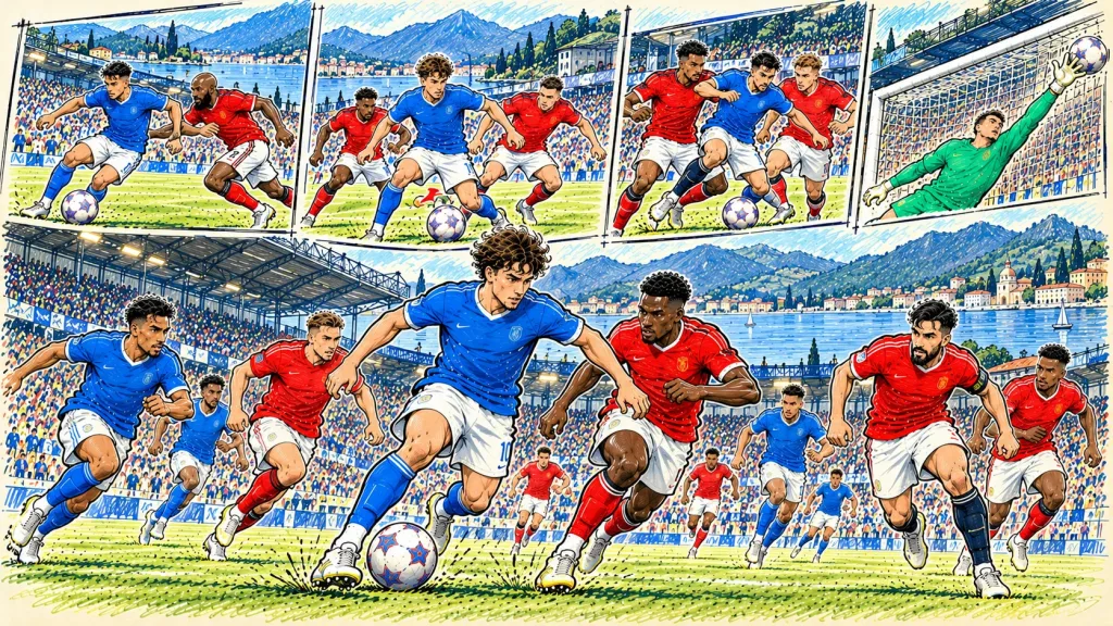 Hand-drawn Como 1907 vs Manchester United football caricature featuring attacking duels, midfield battles and the scenic Lake Como stadium setting.