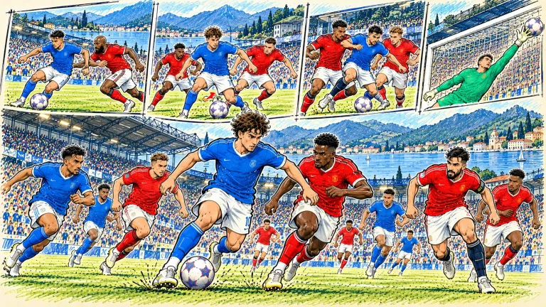 Hand-drawn Como 1907 vs Manchester United football caricature featuring attacking duels, midfield battles and the scenic Lake Como stadium setting.