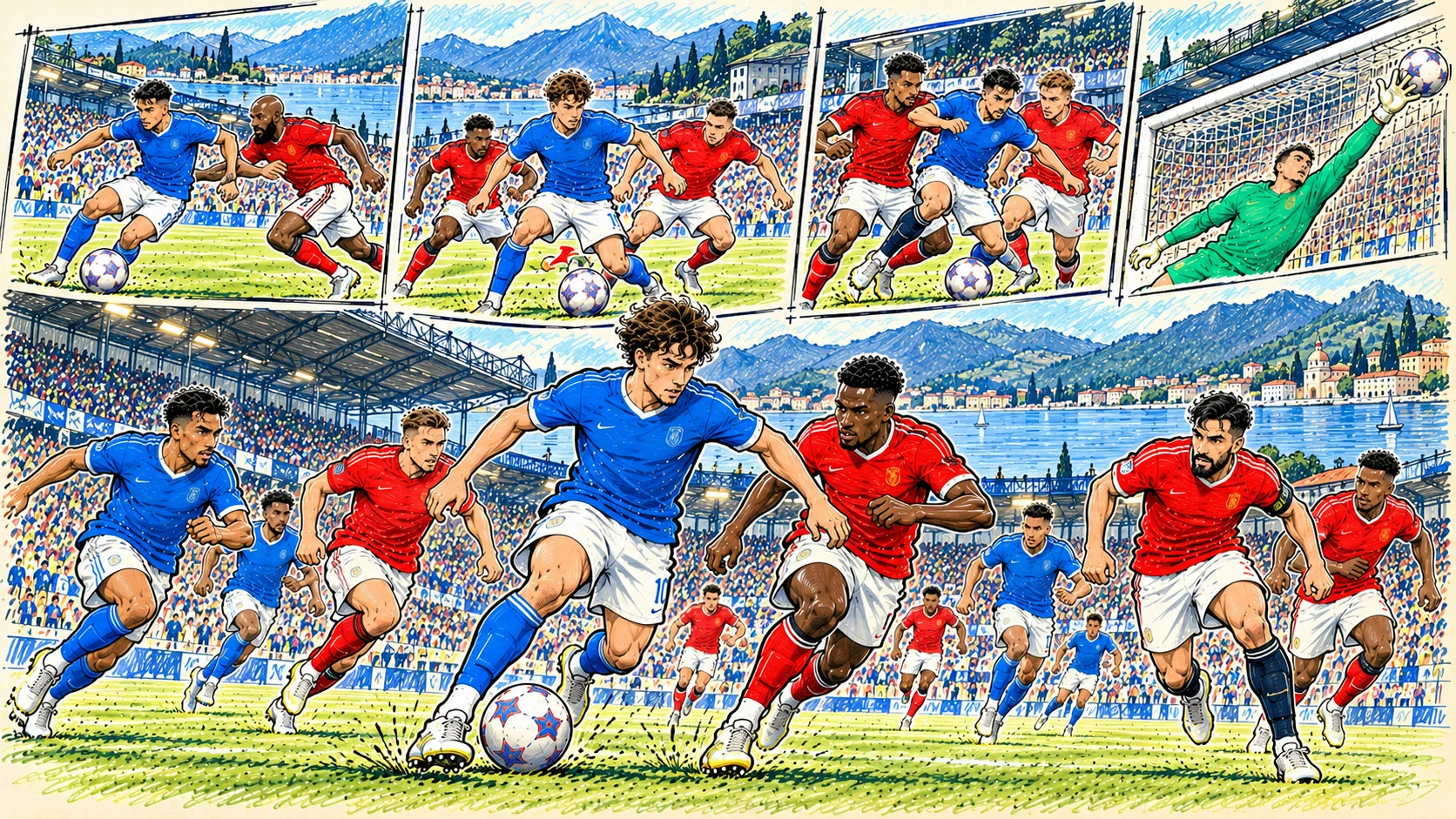 Hand-drawn Como 1907 vs Manchester United football caricature featuring attacking duels, midfield battles and the scenic Lake Como stadium setting.