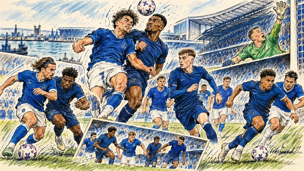 Hand-drawn editorial football caricature illustrating Everton against Chelsea at Hill Dickinson Stadium on 17 October 2026.