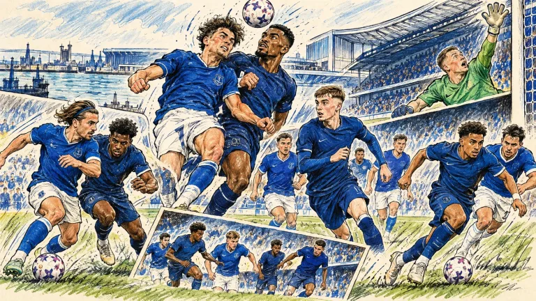 Hand-drawn editorial football caricature illustrating Everton against Chelsea at Hill Dickinson Stadium on 17 October 2026.